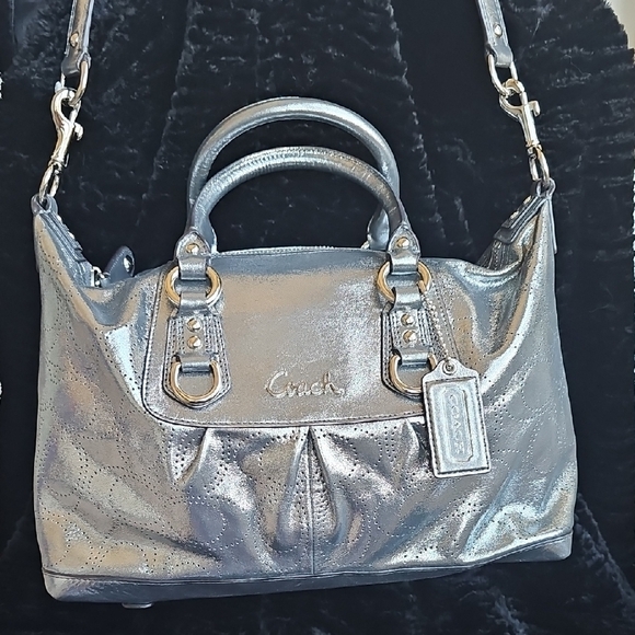 Coach Ashley 2011 Metalic Silver Satchel Perforated Pattern Blue Satin Interior - Picture 10 of 15